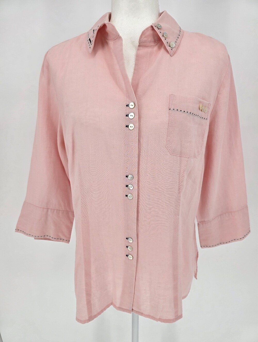Edward 100% Linen Pink Button Front Blouse Embroidered Trim Women's Large